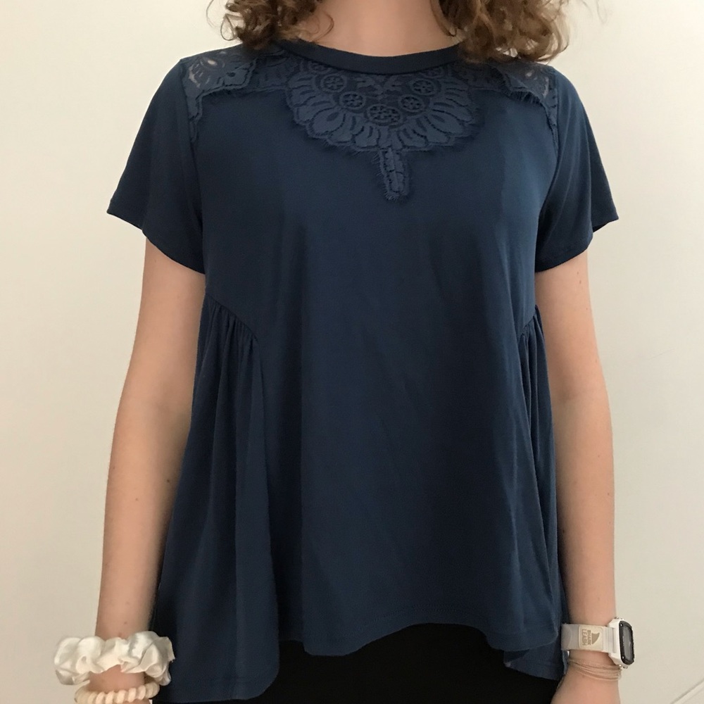 Blue detailed short sleeve blouse